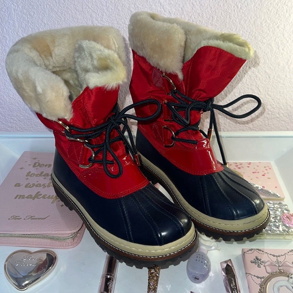 Tory Burch Duck Rain Lace Up Waterproof Boots Red/Navy NEW w/o box